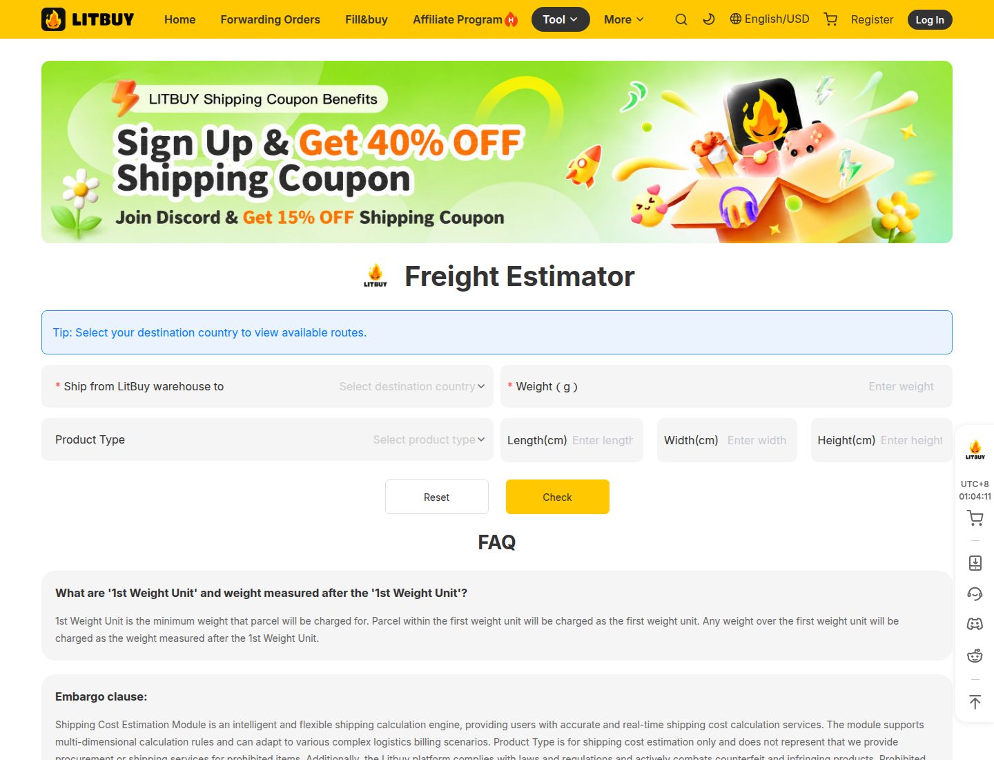 Official freight estimate. Own capture 1 Oct 2026. This hub is not a destination — pick a country in the form. Live amounts appear after Check.
